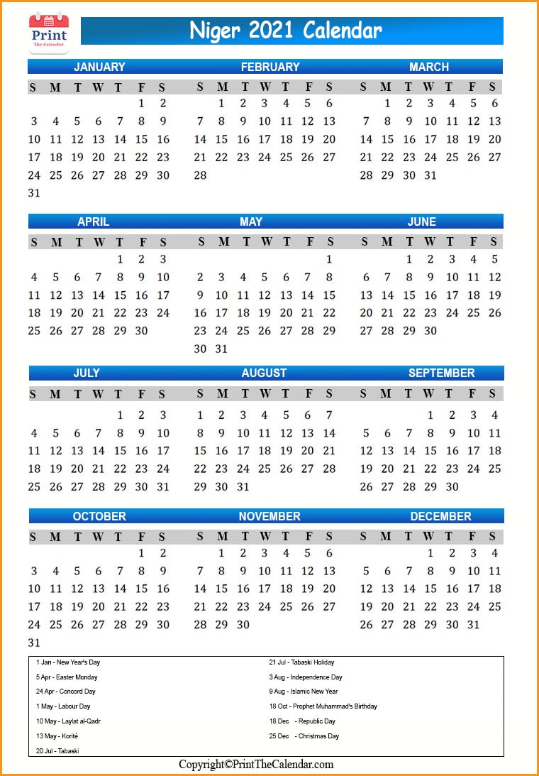 Niger Calendar 2021
